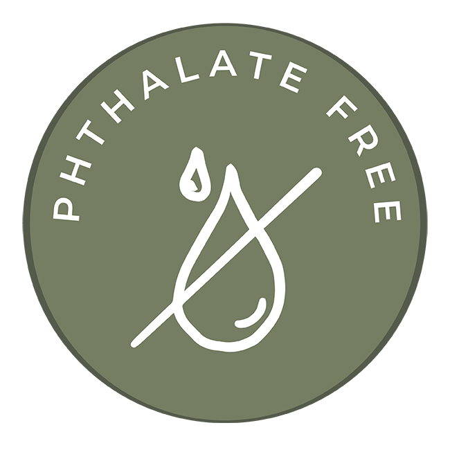 Circular green badge with the phrase "phthalate free" in white text at the top. features a white graphic of a droplet with a line through it, indicating the absence of phthalates.