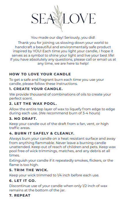 An instructional image detailing candle care guidelines from the sea love brand, providing tips on how to safely burn, preserve the wax, trim the wick, and maintain a candle for optimal use and longevity.