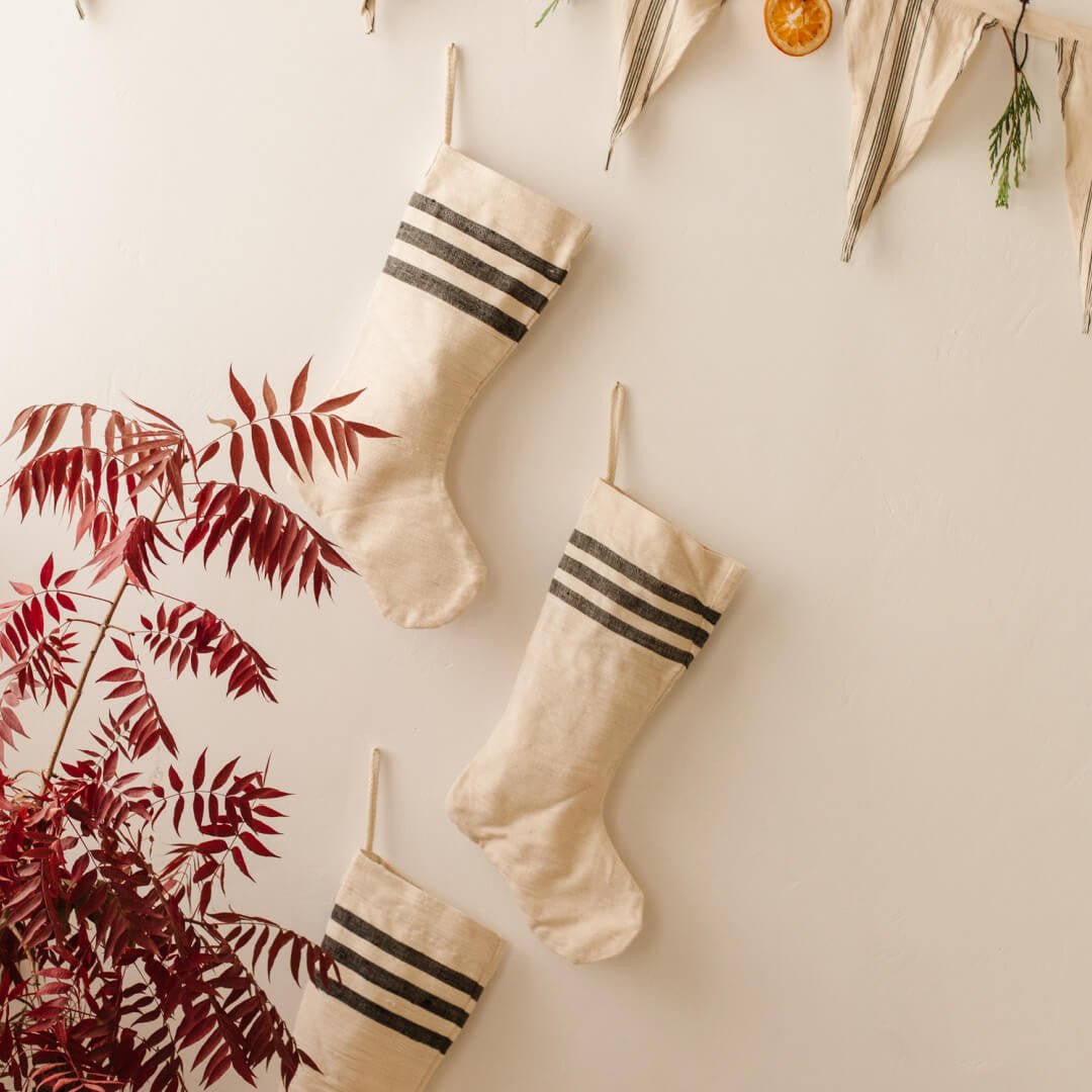 Holiday Stocking - Natural Woven Khadi Top Stripe